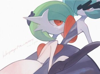 2others alternate_color aqua_hair ball_gown bare_shoulders bisexual_female black_arm_warmers black_dress blue_hair bob_cut colored_skin covered_mouth dress evening_gown facing_another gardevoir gen_3_pokemon green_hair hand_on_another&#039;s_arm hand_on_another&#039;s_head kikuyoshi_(tracco) kissing_chest leaning_back leaning_forward leaning_on_person looking_at_another mega_gardevoir mega_pokemon multiple_others nintendo obscured_eyes pokemon pokemon_(creature) pokemon_focus red_eyes sexually_suggestive shiny_pokemon signature strapless strapless_dress white_arm_warmers white_background white_dress white_skin