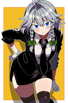 Rule 34 | 1girl, alternate costume, black jacket, black necktie, black skirt, blush, bollzzalguy, bow, braid, breasts, brown thighhighs, closed mouth, collared shirt, commentary, frown, gloves, green bow, grey hair, hair bow, hand on own hip, highres, izayoi sakuya, jacket, leaning forward, long hair, long sleeves, looking at viewer, medium breasts, miniskirt, necktie, open clothes, open jacket, pencil skirt, shirt, skirt, sleeves rolled up, solo, thighhighs, touhou, twin braids, white gloves, white shirt, zettai ryouiki