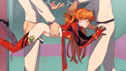 1girl 2boys adapted_costume aseiusx blue_eyes breasts commentary double_penetration elevator english_commentary fellatio gloves grabbing_another&#039;s_hair high_heels holding_another&#039;s_hair mecha_pilot_suit money multiple_boys neon_genesis_evangelion oral orange_hair penis plugsuit_(evangelion) prostitution red_gloves sex small_breasts souryuu_asuka_langley spitroast tucked_money twintails