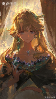 1girl absurdres backlighting bare_shoulders beryl_bouanich black_cloak blonde_hair blue_eyes cloak closed_mouth copyright_name copyright_notice crescent crescent_earrings crystal_earrings curtains day dragonfly_hair_ornament dress earrings floating_earrings hand_up highres jewelry logo long_hair looking_at_viewer mismatched_earrings official_art official_wallpaper reverse:1999 smile solo upper_body white_dress window