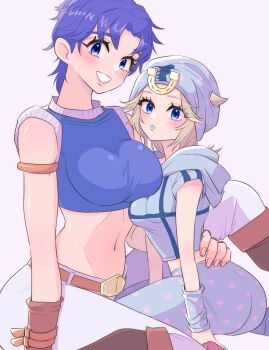 2girls ass blonde_hair blue_eyes breasts genderswap genderswap_(mtf) highres johnny_joestar jojo_no_kimyou_na_bouken jonathan_joestar large_breasts long_hair looking_at_viewer medium_breasts multiple_girls navel smile steel_ball_run yuki_jj