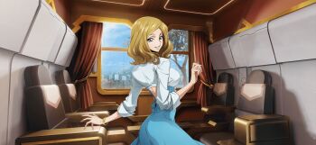 1girl artist_request back backless_dress backless_outfit blonde_hair blue_dress blue_eyes blue_shirt blue_sky bracelet breasts chair code_geass code_geass:_lost_stories cowboy_shot crop_top curtains day dress female_focus from_behind game_cg hand_up happy highres indoors jewelry long_sleeves looking_at_viewer looking_back medium_breasts medium_hair milly_ashford non-web_source official_art parted_bangs parted_lips shirt sidelocks sky smile solo standing teeth train_interior tree window