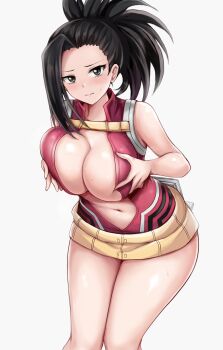 1girl black_eyes black_hair boku_no_hero_academia breasts center_opening cleavage closed_mouth collarbone female_focus grabbing_own_breast large_breasts leotard light_blush looking_at_viewer matching_hair/eyes navel r-binon red_leotard solo superhero_costume thighs yaoyorozu_momo