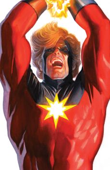 1boy absurdres alex_ross arms_up avengers_(series) black_bodysuit blonde_hair bodysuit captain_marvel_(marvel) comic_cover cover cover_page covered_abs gloves glowing highres imminent_attack looking_at_viewer male_focus marvel multicolored_bodysuit muscular muscular_male official_art open_mouth realistic red_bodysuit short_hair solo superhero_costume upper_body western_comics_(style) white_background