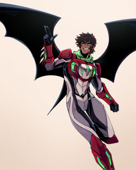 1boy arm_blade bat_wings blue_eyeliner blue_eyeshadow bodysuit brown_hair cosplay demon_wings eyeliner eyeshadow feet_out_of_frame full_body getter_robo green_eyes grey_bodysuit grin hand_up highres looking_at_viewer makeup mecha_danshi multicolored_bodysuit nagare_ryoma neon_trim one_eye_closed red_bodysuit shin_getter-1 shin_getter-1_(cosplay) sideburns sinita smile waving weapon white_bodysuit wings