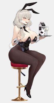 1girl absurdres animal_ear_hairband animal_ears billmors black_leotard black_necktie black_pantyhose black_shoes breasts cleavage closed_eyes commentary_request cup detached_collar drink_carton drinking_glass fake_animal_ears full_body grey_background grey_hair hairband high_heels highres large_breasts leotard long_hair mature_female milk_carton necktie open_mouth pantyhose playboy_bunny rabbit_ears rabbit_tail shoes simple_background sitting solo stool strapless strapless_leotard tail uzaki-chan_wa_asobitai! uzaki_tsuki wine_glass wrist_cuffs