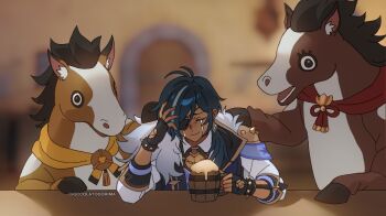 Rule 34 | 1boy, 2others, antenna hair, beer mug, black gloves, blank room soup, blue hair, cape, cioccolatodorima, closed eyes, collared shirt, commentary, cup, dark-skinned male, dark skin, earrings, english commentary, eyepatch, fingerless gloves, fur-trimmed cape, fur trim, genshin impact, gloves, gold trim, grey streaks, hair between eyes, horse, indoors, jewelry, kaeya (genshin impact), long hair, long sleeves, mug, multicolored hair, multiple others, pectoral cleavage, pectorals, shirt, single shoulder pad, smile, spiked gloves, streaked hair, tavern, tears