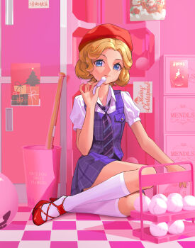 1girl animification beret blonde_hair blue_eyes checkered_floor chinese_commentary commentary_request curly_hair hat highres huahu_(unstoppable) kneehighs looking_at_viewer necktie original school_uniform shirt shoes short_hair short_sleeves sitting skirt socks solo white_shirt white_socks