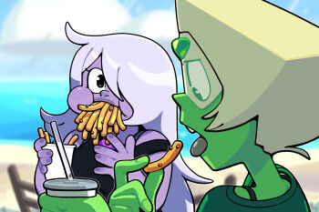 Rule 34 | 2girls, alien, amethyst (steven universe), blonde hair, chest jewel, colored skin, discount-supervillain, eating, face shield, food, forehead jewel, french fries, gem, gem (steven universe), green skin, hair over one eye, holding, long hair, multiple girls, open mouth, peridot (steven universe), pointy nose, purple gemstone, purple skin, steven universe, tank top, thick lips, tongue, tongue out, triangle-shaped hair