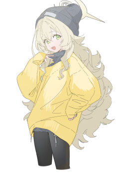 Rule 34 | 1girl, absurdres, alternate costume, beanie, black pantyhose, blonde hair, blue archive, cropped legs, drive shot, fluffy hair, green eyes, grey hat, grey sweater, halo, hand on own hip, hand up, hat, highres, long hair, long sleeves, looking at viewer, open mouth, pantyhose, professor niyaniya (blue archive), simple background, sleeves past wrists, solo, standing, sweater, turtleneck, turtleneck sweater, white background, yellow halo, yellow sweater