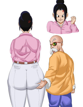 1boy 1girl angry ass ass_grab bald belt black_hair blouse blue_pants chi-chi_(dragon_ball) cowboy_shot dragon_ball dragonball_z from_behind hair_bun highres huge_ass muten_roushi netorare old old_man orange_shirt panarandom pants pink_shirt shirt single_hair_bun stealth_ass_grab white_pants