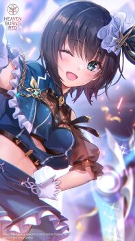 Rule 34 | 1girl, ;d, aoi erika, aoi erika (brilliant ultimate idol), aqua eyes, black bow, black bowtie, black hair, blue ribbon, blue shirt, blue skirt, blurry, blurry background, blush, bow, bowtie, breasts, chain, clothes lift, commentary, confetti, copyright logo, copyright notice, cowboy shot, crop top, dutch angle, english commentary, eyelashes, frilled skirt, frills, glint, gloves, hair between eyes, hair ribbon, hand on own hip, happy, heaven burns red, highres, idol, idol clothes, index finger raised, logo, looking at viewer, medium breasts, medium hair, midriff, miniskirt, official alternate costume, official art, official wallpaper, one eye closed, open mouth, outstretched arm, pointing, pointing at viewer, ribbon, shirt, skirt, skirt lift, smile, solo, sparkle, stage, upskirt, white gloves, wind, wind lift, wolf cut