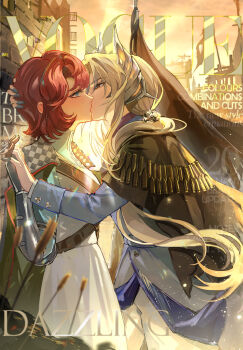 absurdres against_wall black_cape blue_eyes blue_jacket blue_shirt cape chinese_commentary commentary_request couple cowboy_shot dress english_text from_side gauntlets grey_eyes grey_hair gun hair_ornament hand_on_another's_head hand_up heiliu556 highres holding_hands jacket kiss long_hair low_ponytail marsha_(reverse:1999) orange_sky pants ponytail profile red_hair reverse:1999 rifle sentinel_(reverse:1999) shirt short_hair sky weapon white_dress white_pants yuri