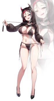 1girl 4q_(lokcy516) :q absurdres bikini bikini_tug black_bikini black_hair black_shoes black_shrug breast_tattoo breasts chain chain_leash commentary crow_(nikke) full_body goddess_of_victory:_nikke green_eyes half-closed_eyes hand_up highres holding holding_chain holding_leash hood hood_up hooded_shrug horned_hood horns large_breasts leash looking_at_viewer multicolored_hair navel navel_piercing piercing puffy_sleeves red_streaks shoes short_hair shrug_(clothing) side-tie_bikini_bottom solo stomach streaked_hair swimsuit tattoo tongue tongue_out white_background zoom_layer