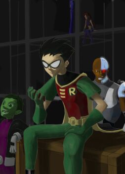 absurdres bald beast_boy_(dc) black_hair bodysuit cape cloak colored_skin cyborg cyborg_(dc) dark_skin dc_comics dick_grayson domino_mask eye_mask green_hair green_skin highres mask multiple_boys multiple_girls raven_(dc) red_hair robin_(dc) starfire teen_titans victor_stone