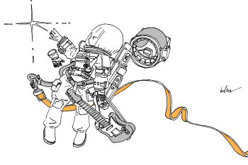 Rule 34 | 1girl, absurdres, astronaut, commentary, electric guitar, full body, gloves, greyscale, guitar, helmet, highres, instrument, kaduise, looking to the side, monochrome, original, signature, solo, space helmet, spacesuit, spot color, unworn gloves, unworn headwear, unworn helmet