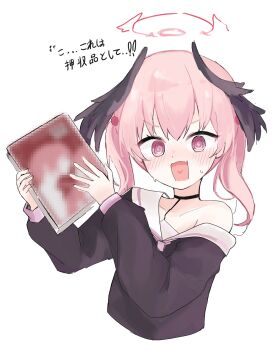 1girl @_@ absurdres black_wings blue_archive blush book censored commentary_request darin6 feathered_wings flustered hair_between_eyes halo head_wings heart highres holding holding_book koharu_(blue_archive) long_sleeves looking_at_viewer mosaic_censoring open_mouth pink_eyes pink_hair pink_halo shirt simple_background single_bare_shoulder sketch solo sweat twintails white_background wings