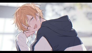 1boy :d blush closed_eyes earrings fang head_on_hand highres hood hood_down hoodie jewelry kuuu_ilst long_sleeves multicolored_hair open_mouth project_sekai shinonome_akito smile solo streaked_hair