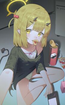 1girl absurdres alternate_costume bare_legs black_horns black_shirt black_wings blonde_hair blue_archive blush bra camisole candy chips_(food) demon_girl demon_horns demon_tail demon_wings drink_carton feet female_focus food gummy_bear hair_ornament hairclip halo handheld_game_console highres horns ibuki_(blue_archive) juice_box loli long_hair looking_at_viewer medium_hair merong_(sou47897) no_pants panties pointy_ears potato_chips pringle_duck pringles pringles_can selfie shirt sitting snack solo tail thighs underwear white_bra white_panties wings yellow_eyes yellow_halo