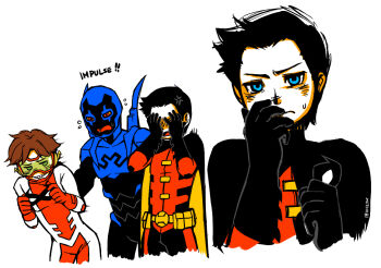 ! !! 3boys armor bart_allen black_hair blue_beetle blue_eyes blush brown_hair dc_comics domino_mask eye_mask gloves goggles impulse jaime_reyes jojody looking_at_viewer male_focus mask multiple_boys robin_(dc) short_hair shouting silverly simple_background smile steal superhero_costume tim_drake white_background young_justice young_justice:_invasion