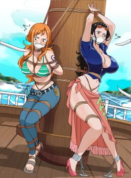 2girls absurdres arm_tattoo bdsm black_hair blue_jacket blue_pants bondage bound bound_wrists bra breasts cleavage commentary cropped_jacket english_commentary eyewear_on_head gagged green_bra hands_up high_heels highres jacket multiple_girls nami_(one_piece) nico_robin ocean one_piece orange_hair outdoors pants ship sunglasses tattoo tiedtiki underwear watercraft