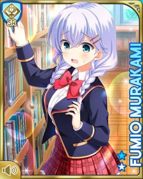 Rule 34 | 1girl, :o, aqua eyes, black socks, blazer, blue jacket, book, bookcase, braid, card (medium), day, frilled skirt, frills, front braid, girlfriend (kari), hair ornament, hair over shoulder, hairclip, holding, indoors, jacket, kneehighs, library, long hair, long sleeves, looking at viewer, murakami fumio, official art, open mouth, plaid clothes, plaid skirt, pleated skirt, qp:flapper, red skirt, shirt, shoes, skirt, socks, solo, standing, twin braids, white shirt