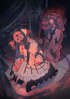 1other akiyama_mizuki bell_sleeves black_shoes blurry broken_mirror commentary curtains depth_of_field different_reflection dress english_commentary eye_mask flower frilled_dress frilled_sleeves frills hair_flower hair_ornament high_heels holding holding_flower indoors juliet_sleeves keikyoku_no_machi_wa_doko_e_(project_sekai) lace long_hair long_sleeves mask meiik_a mirror official_alternate_costume other_focus pink_hair project_sekai puffy_sleeves red_flower red_rose reflection ribbon rose shoes side_ponytail sitting solo white_dress