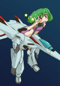 1girl cosplay female_focus flat_chest full_body gerwalk gradient_background green_hair highres m/ macross macross_frontier macross_frontier:_itsuwari_no_utahime mecha ranka_lee red_eyes robot seikan_hikou solo star_(symbol) tugeneko vf-25