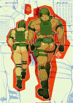 2boys arm_hair ass back bara beanie ben-day_dots black_boots black_gloves boots bottomless broad_shoulders check_copyright copyright_request covered_face dated english_text from_behind gloves green_hat green_socks hat headphones_over_headwear highres holster jezz_mons_art knee_pads leg_hair male_focus multiple_boys muscular muscular_male original police police_uniform policeman screentones shiny_skin shoulder_hair shoulder_pads signature single_knee_pad socks thick_thighs thigh_holster thighs topless_male twitter_username waist_bag walking