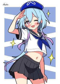 1boy ;d absurdres arknights artist_name beret black_sailor_collar black_skirt blue_background blue_hair blue_hat blue_neckerchief commentary contrapposto cowboy_shot cropped_shirt crossdressing crossdressing_(mtf) gradient_hair hat hendra highres long_hair looking_at_viewer male_focus midriff miniskirt mizuki_(arknights) multicolored_hair navel neckerchief one_eye_closed open_mouth pink_eyes pleated_skirt purple_hair sailor_collar sailor_shirt salute school_uniform serafuku shirt short_sleeves signature simple_background skirt smile solo sparkle trap white_shirt
