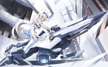 Rule 34 | 1girl, ass, blue archive, blush, bodysuit, closed mouth, commentary, greyscale, head-mounted display, highres, himari (armed) (blue archive), himari (blue archive), jacket, kuwa za, long hair, looking at viewer, monochrome, motor vehicle, motorcycle, official alternate costume, pointy ears, smile, solo, white bodysuit, yellow jacket