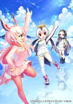 3girls :d :o ^_^ arm_up black_footwear blonde_hair blue_sky boots closed_eyes cloud day drawstring giant_penguin_(kemono_friends) greater_flamingo_(kemono_friends) grey_hair hair_between_eyes head_wings headphones hood hoodie horizon impossible_clothes impossible_jacket jacket kemono_friends kemono_friends_3 kemono_friends_3:_planet_tours lens_flare long_hair long_sleeves miniskirt multicolored_hair multiple_girls official_art open_mouth outdoors pantyhose pink_boots pink_hair pink_scarf pink_skirt pleated_skirt pocket pointing pointing_up purple_eyes red_eyes red_legwear reflection renta_(deja-vu) royal_penguin_(kemono_friends) scarf skirt sky smile standing standing_on_one_leg turtleneck very_long_hair watermark white_hair white_skirt wings zipper_pull_tab