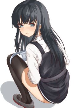 1girl asashio_(kancolle) black_dress black_hair black_thighhighs blush bow bow_panties closed_mouth commentary_request dress embarrassed full_body grey_eyes grey_shoes highres kantai_collection long_hair long_sleeves looking_at_viewer looking_back mary_janes panties panty_pull panty_tag petite pinafore_dress raised_inner_eyebrows shadow shirt shoes simple_background sleeveless sleeveless_dress solo squatting straight_hair tearing_up thighhighs turning_head underwear variant_set white_background white_panties white_shirt wispy_bangs zuki