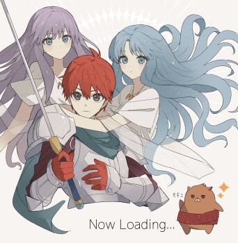 Rule 34 | adol christin, armor, blue eyes, blue hair, breastplate, curtained hair, feena (ys), floating hair, gauntlets, george man, grey eyes, highres, holding, holding sword, holding weapon, hug, long hair, multiple girls, pauldrons, pikkard (ys), purple hair, reah (ys), red hair, short hair, shoulder armor, siblings, sisters, sparkle, sword, weapon, white background, ys, ys vs. sora no kiseki: alternative saga