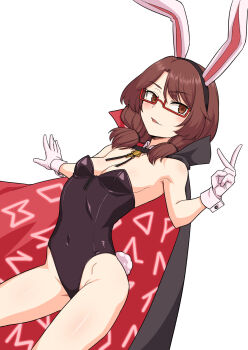 1girl animal_ears black_cape black_leotard breasts brown_eyes brown_hair cape commentary_request dutch_angle fake_animal_ears fake_tail gloves highres kakone leotard playboy_bunny red-framed_eyewear simple_background solo strapless strapless_leotard tail touhou two-sided_cape two-sided_fabric usami_sumireko white_background white_gloves