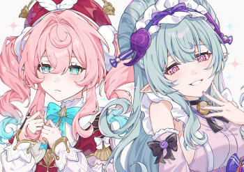 2girls aqua_eyes aqua_hair bare_shoulders beret blush breasts closed_mouth commentary_request dress drill_hair genshin_impact grin hand_up hands_up hat highres honkai:_star_rail honkai_(series) hyacine_(honkai:_star_rail) looking_at_viewer multicolored_hair multiple_girls nya_inuha pink_eyes pink_hair purple_nails red_dress red_hat smile sparkle teeth twin_drills two-tone_hair upper_body white_background yumemizuki_mizuki yumemizuki_mizuki_(parallels_meet)