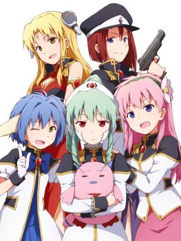 5girls :| animal_ears black_hat blonde_hair blue_bow blue_bowtie blue_dress blue_eyes blue_hair bob_cut bow bowtie brooch brown_eyes cleavage_cutout closed_mouth clothing_cutout commentary dress epaulettes expressionless flower forte_stollen galaxy_angel green_hair gun hair_flower hair_ornament hairband hand_on_another&#039;s_shoulder handgun hat headgear highres holding holding_gun holding_stuffed_toy holding_weapon index_finger_raised jacket jewelry juliet_sleeves long_dress long_sleeves looking_at_viewer mashita_(candy_apricot) milfeulle_sakuraba military_uniform mint_blancmanche monocle multiple_girls normad one_eye_closed peaked_cap pink_hair pink_skirt ponytail puffy_sleeves ranpha_franboise red_dress red_eyes red_hairband side_slit simple_background skirt sleeveless sleeveless_dress standing stuffed_toy vanilla_h weapon white_background white_dress white_jacket