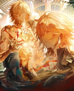 1boy age_comparison arm_tattoo armlet bandaged_arm bandages black_coat black_pants black_tank_top blonde_hair braid cape chest_tattoo clawed_gauntlets coat commentary crystal earrings english_commentary facial_tattoo floating_cape gold_earrings gold_necklace gradient_hair highres honkai:_star_rail honkai_(series) jewelry male_focus medium_hair multicolored_hair multiple_views mydei_(honkai:_star_rail) necklace open_clothes open_coat pants red_cape red_hair red_tattoo rente_gu side_braid side_cape tank_top tattoo toned toned_male wading yellow_eyes