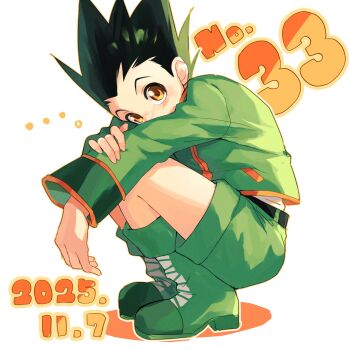 ... 1boy beer611gold belt black_belt boots brown_eyes dated gon_freecss green_boots green_hair green_jacket green_shorts highres hunter_x_hunter jacket male_focus numbered shirt short_hair shorts solo spiked_hair squatting white_shirt