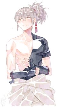 1boy fire_emblem fire_emblem_fates grey_hair hair_ribbon highres japanese_clothes looking_to_the_side male_focus miz_(bannako) nintendo orange_eyes pectorals red_ribbon ribbon smile takumi_(fire_emblem) upper_body