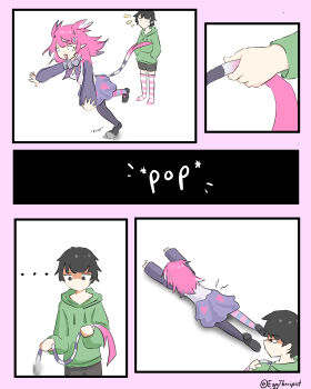 1boy 1girl absurdres black_hair camila_(vtuber) dress eggtheripist green_hoodie highres hood hoodie imp implied_tail_plug indie_virtual_youtuber long_hair multicolored_hair pink_hair pointy_ears tail thighhighs vedal987 virtual_youtuber