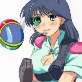 1girl akai_koudan_zillion apple_(zillion) armor blue_hair blue_jumpsuit blush breasts cleavage collarbone crossover energy_gun fantasy_zone green_eyes gun hairband harness headset holding holding_gun holding_weapon jumpsuit large_breasts looking_at_viewer opa-opa pink_armor ray_gun sega short_sleeves shoulder_armor smile spacecraft standing t_jiroo_(ringofriend) upper_body weapon white_background wings