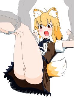 Rule 34 | 1girl, 2boys, absurdres, ahoge, animal ear fluff, animal ears, anus, ascot, ass, assisted rape, asymmetrical hair, belt, black ascot, black belt, blonde hair, blush, breasts, brown dress, collared shirt, commentary request, cookie (touhou), dress, fang, feet out of frame, fox ears, fox girl, fox tail, frilled dress, frills, highres, medium hair, miramikaru riran, multiple boys, open mouth, panties, panty pull, pinafore dress, pussy, remote controller 4, restrained, shirt, short sleeves, simple background, single sidelock, sleeveless, sleeveless dress, small breasts, solo focus, tail, uncensored, underwear, white background, white panties, white shirt