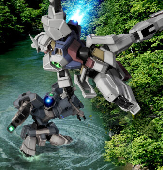 assault_visor battle blue_visor commentary_request energy_gun genoace gun gundam gundam_age gundam_age-1 gundam_age-1_normal hiropon_(tasogare_no_puu) holding holding_gun holding_weapon humanoid_robot mecha mecha_focus mobile_suit no_humans outdoors river robot science_fiction v-fin wading weapon