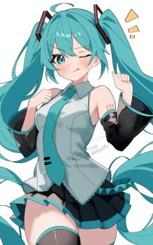 1girl absurdres ahoge aqua_eyes aqua_hair aqua_necktie aqua_trim arm_tattoo armpit_crease black_skirt blush breasts closed_mouth coco_irasuto collared_shirt detached_sleeves hair_between_eyes hair_ornament hatsune_miku highres long_hair long_sleeves looking_at_viewer medium_breasts necktie notice_lines number_tattoo one_eye_closed pleated_skirt shirt simple_background skirt smile solo sweat tattoo thick_thighs thighs twintails very_long_hair vocaloid white_background white_shirt wide_sleeves