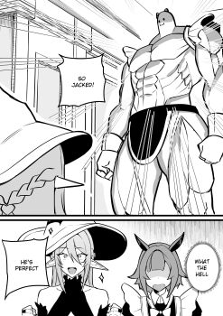 2girls abs absurdres animal_ears bare_shoulders bow commentary double-parted_bangs dress elf english_commentary english_text familiar greyscale hair_between_eyes hat highres horse_ears horse_girl long_hair looking_at_viewer mirui09 monochrome multiple_girls muscular open_mouth original pointy_ears shaded_face short_hair smile speech_bubble summoning surprised talking turtleneck turtleneck_dress