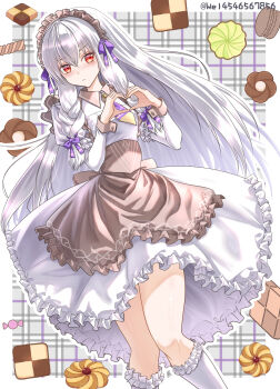 1girl absurdres apron biscuit_(bread) blush braid brown_apron closed_mouth commentary_request cookie dress fire_emblem fire_emblem:_three_houses fire_emblem_heroes food hair_ribbon heart heart_hands highres long_hair long_sleeves looking_at_viewer lysithea_von_ordelia lysithea_von_ordelia_(tea_party) maid maid_headdress necktie nintendo official_alternate_costume official_alternate_hairstyle pink_eyes puffy_sleeves red_eyes ribbon socks solo twin_braids wade_(njud8343) white_dress white_hair white_socks