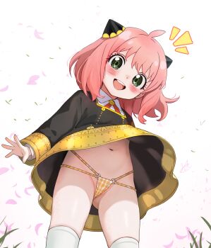 1girl :d anya_(spy_x_family) blush c_(theta) commentary_request commission eden_academy_school_uniform highres loli looking_at_viewer open_mouth panties pink_hair plaid_clothes plaid_panties school_uniform short_hair skeb_commission smile solo spy_x_family teeth thighhighs underwear upper_teeth_only white_thighhighs yellow_panties