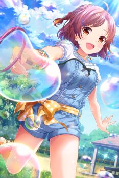 1girl :d absurdres ahoge alternative_girls bench blue_shirt blue_shorts blue_sky blush bracelet breasts bubble bubble_wand cloud cloudy_sky commentary_request day dutch_angle fence frilled_shirt frills gazebo hair_ornament hairclip highres holding jewelry medium_breasts necklace official_art open_mouth orange_eyes outdoors polka_dot polka_dot_ribbon red_hair ribbon second-party_source shirt short_hair short_sleeves shorts sky smile solo sparkle standing standing_on_one_leg sunlight table tree two-tone_shirt waist_ribbon white_shirt yellow_ribbon yuuki_miyaka