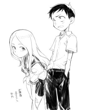 Rule 34 | 10s, 1boy, 1girl, blush, commentary request, forehead, greyscale, hands in pockets, highres, karakai jouzu no takagi-san, kotoyama, long hair, monochrome, monochrome, nishikata, open mouth, pants, school uniform, serafuku, short sleeves, simple background, takagi-san, translation request, white background